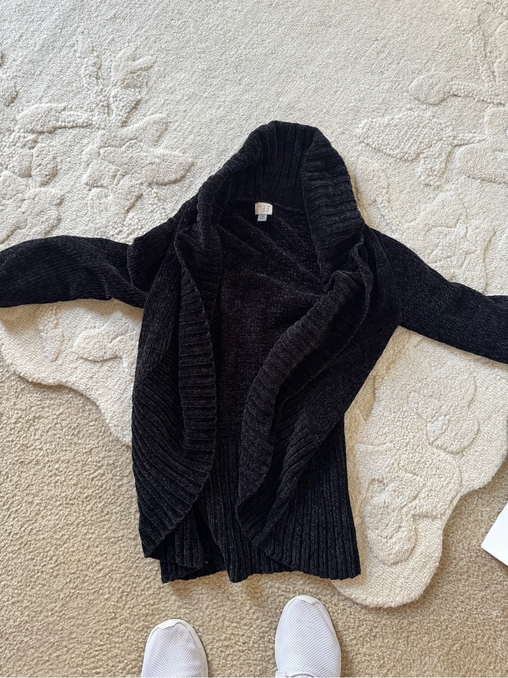 Andeawy Cozy Black Open-Front Ribbed Cardigan with Shawl Collar